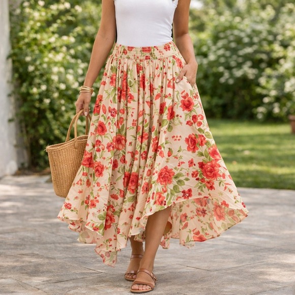 Anthropologie Dresses & Skirts - Anthropologie Boho Floral Asymmetrical Midi Skirt Size L Pink  Smocked Waist NWT